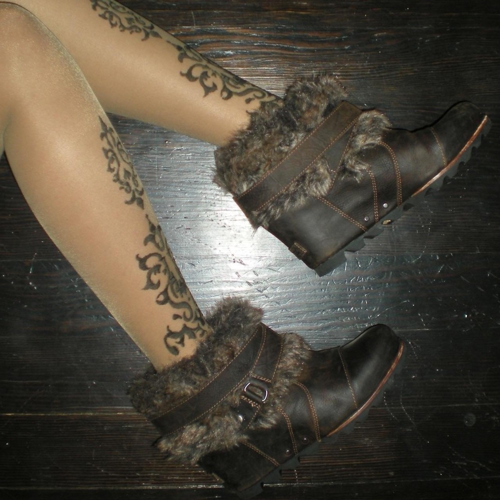 Sorel Women Brown Leather Faux Fur Ankle Wedge Booties Heels Size 8.5